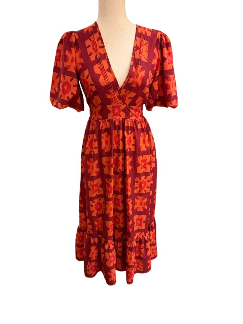Melloday Red Orange Geometric Tile Print V-Neck Midi Dress XS CKD227024R-NF